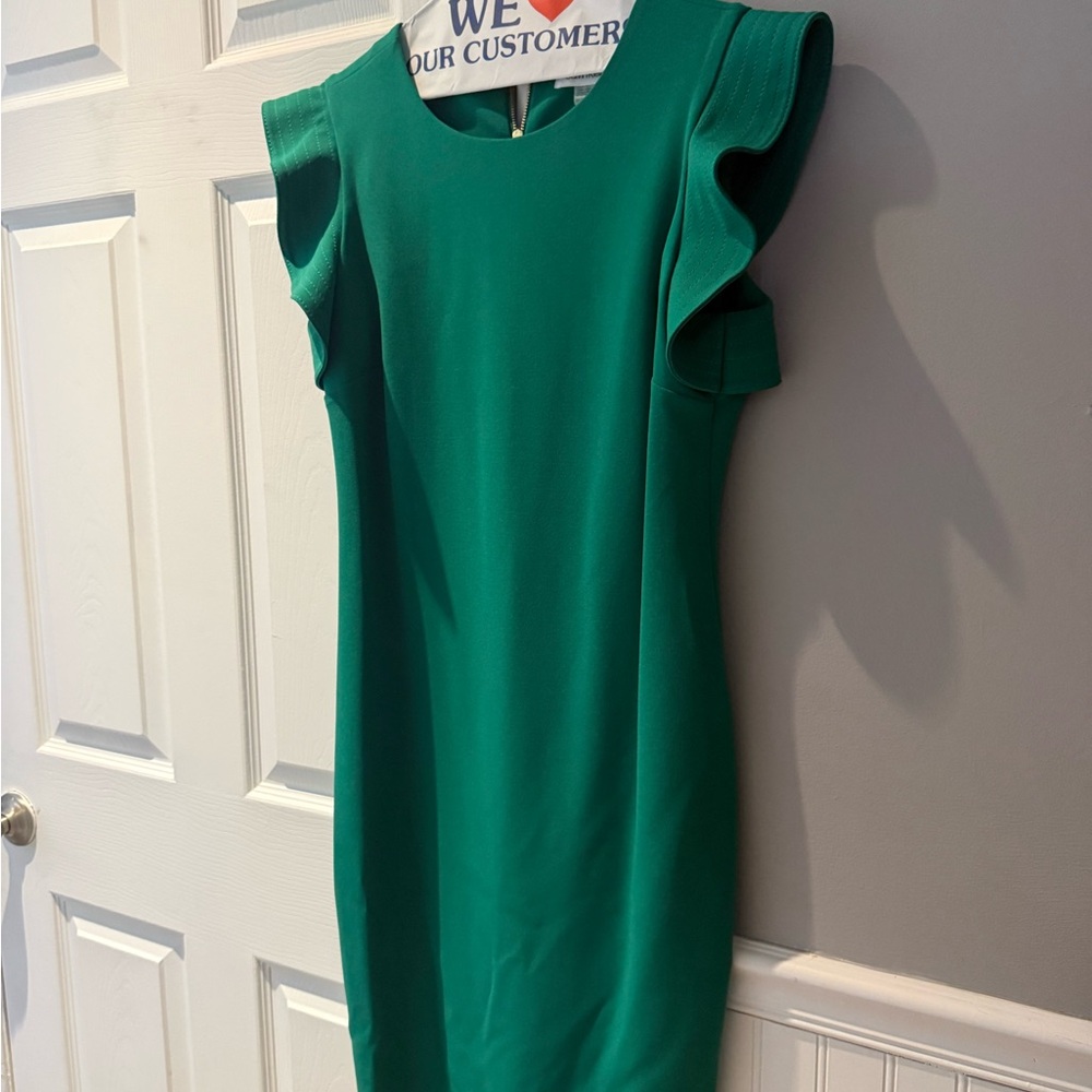 Calvin Klein Emerald Green Midi Dress with Ruffle Sleeves